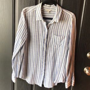 Lucky Brand blue & white striped long sleeve button up collar top, large